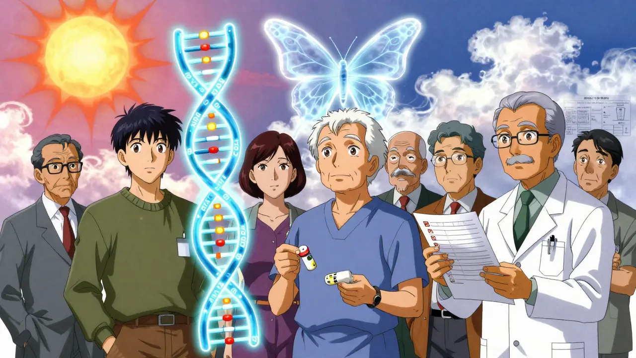 Genetic markers glowing above older adults as lupus butterfly dissolves, symbolizing reversible drug-induced condition.