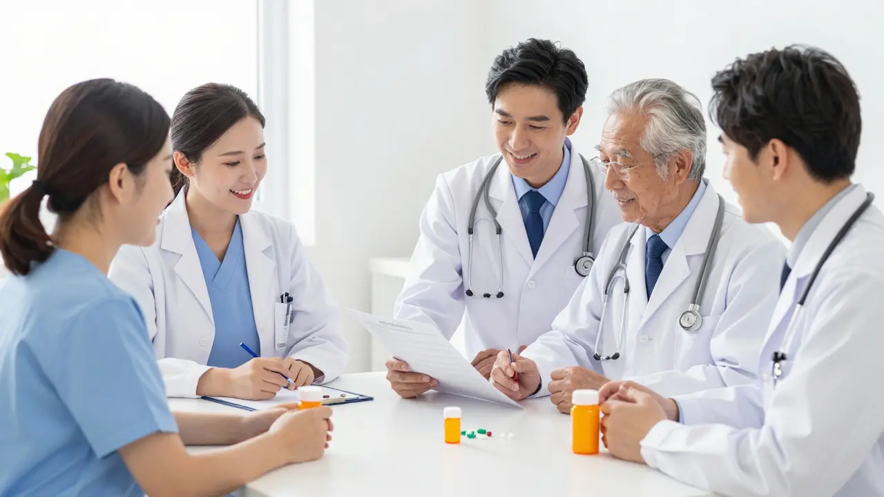 Healthcare team optimizing senior's medication regimen with minimal pills
