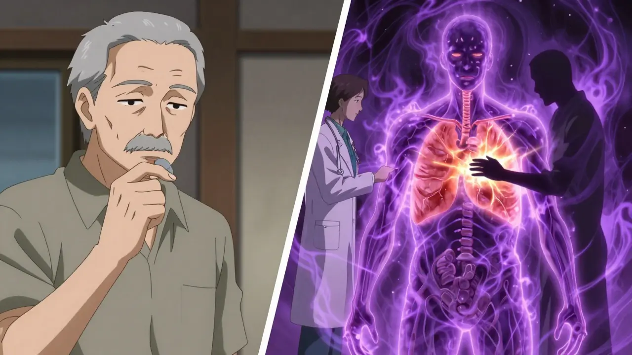 Man before and after developing drug-induced lupus symptoms, with recovery light emerging, manga style.