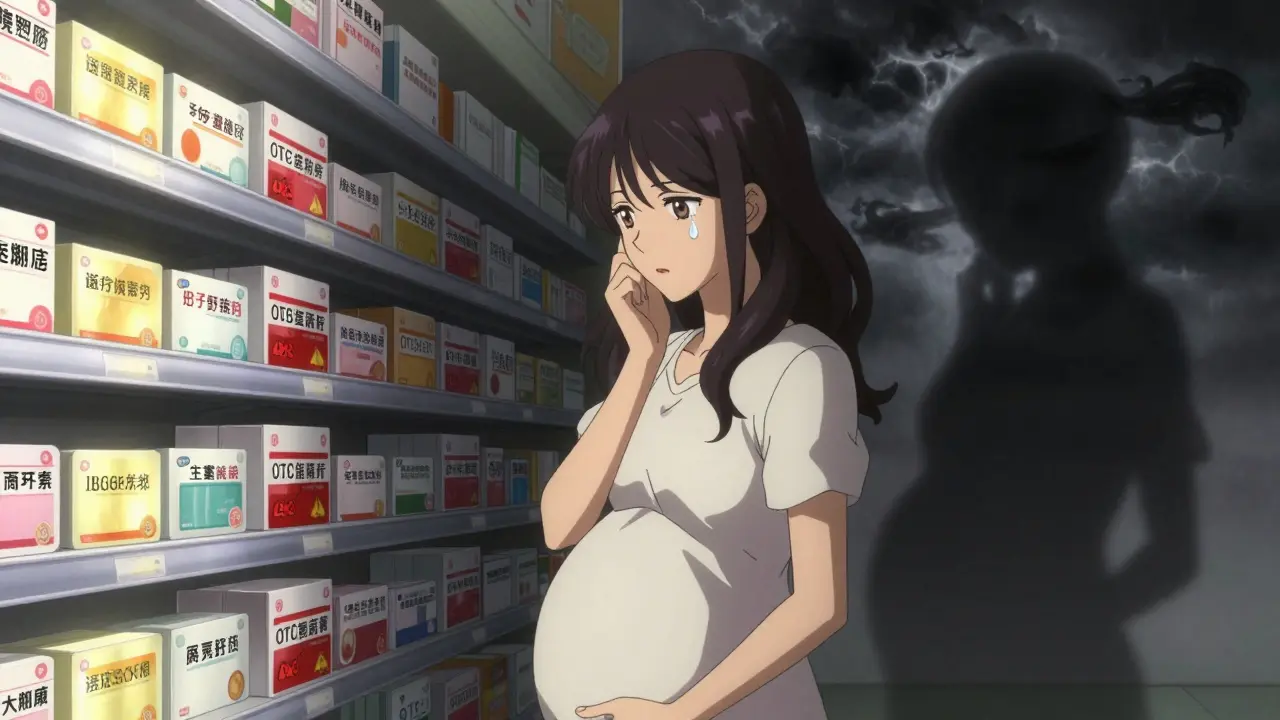 Pregnant woman facing a pharmacy shelf with glowing safe meds and dark dangerous ones, emotional lighting.