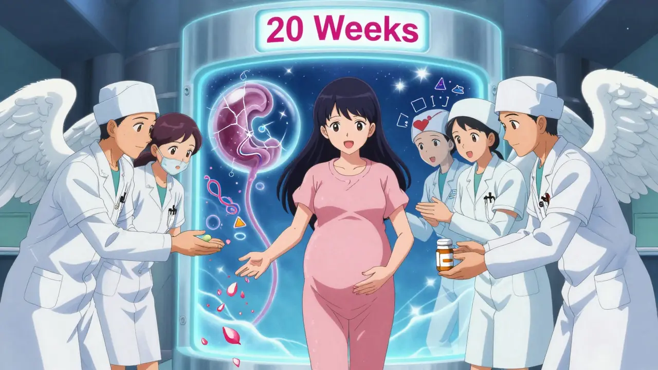 Pregnant woman stepping through a portal marked '20 Weeks,' comparing healthy vs. dangerous amniotic fluid.