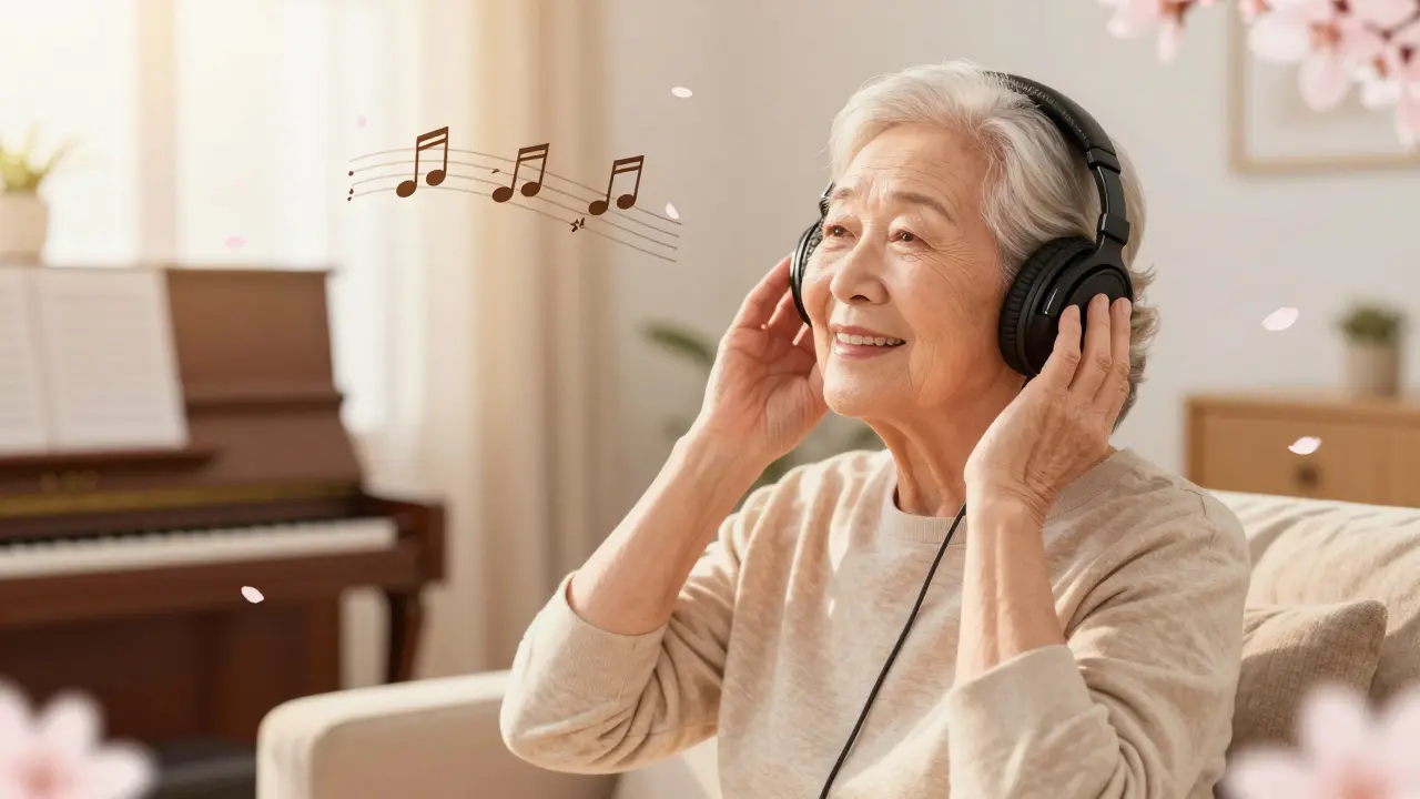 Senior listening to music therapy with peaceful expression in warm room