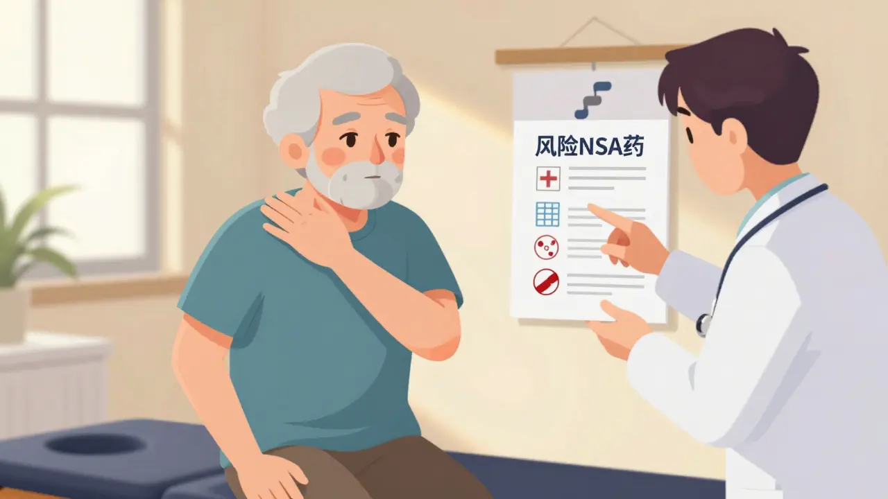 Senior receiving physical therapy while doctor suggests non-drug pain alternatives