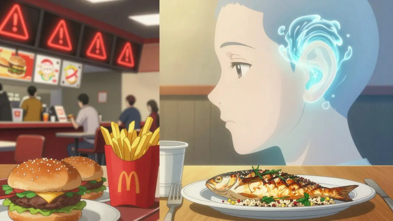 Split scene: chaotic fast food vs. calm home meal with glowing inner ear fluid balance.
