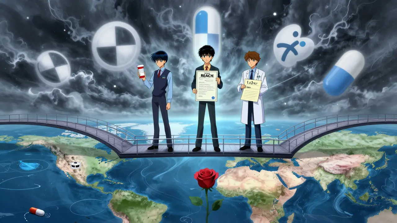 Three figures on a floating bridge hold different substitution laws, while pill rivers flow beneath them in a dreamlike global landscape.