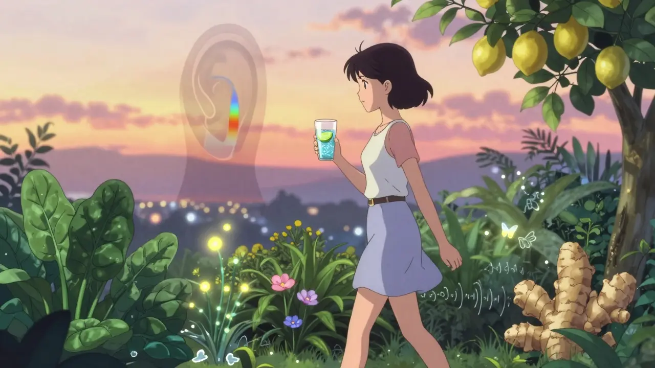 Woman walking in garden with sparkling water, inner ear shown as transparent balanced structure.