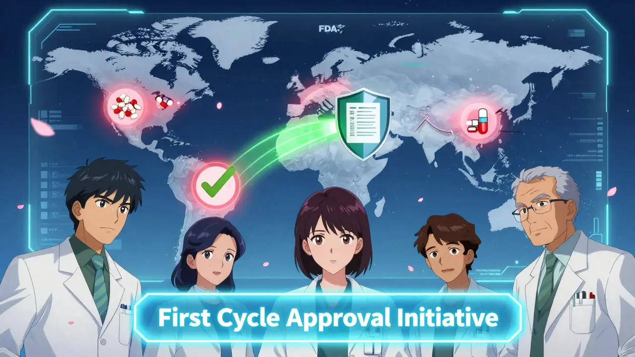 A futuristic FDA AI interface highlights high-risk drug applications while green light guides a team toward approval.