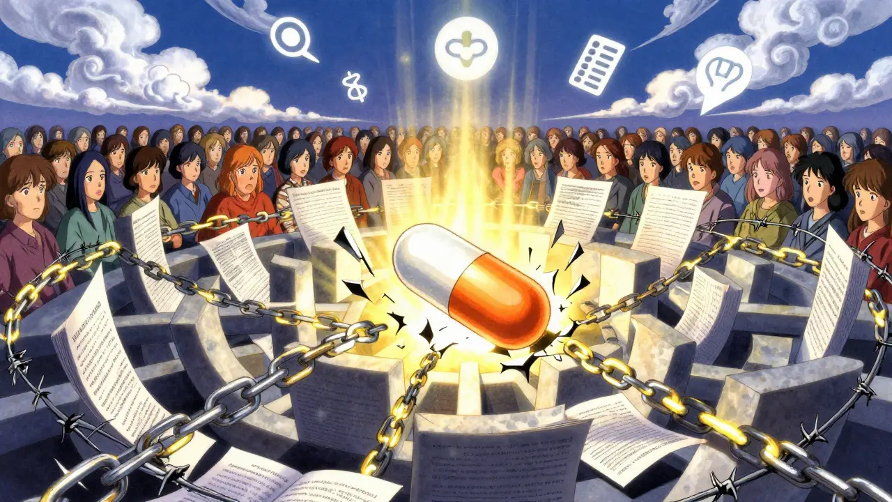 A glowing generic capsule breaking through patent barriers toward a horizon of patients.