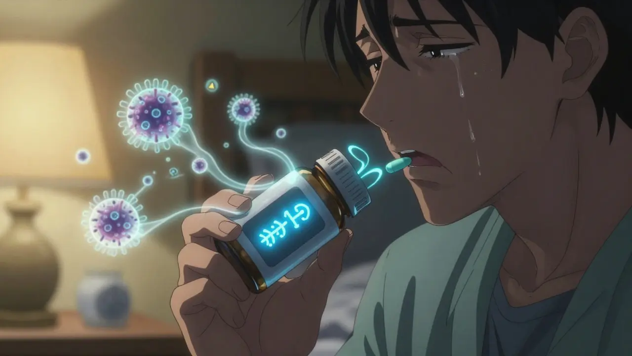 A hand swallowing a smart pill as cancer cells dissolve into light, with glowing medical symbols.