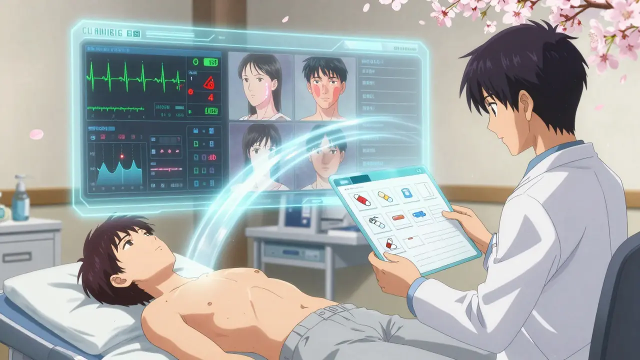 A high-tech monitor displays vital signs while a doctor reviews drug history.