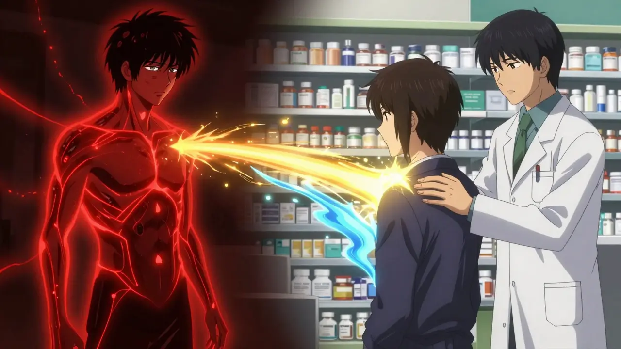 A person's dangerous supplement interaction is neutralized by a pharmacist's guidance, shown with contrasting red and blue energy.