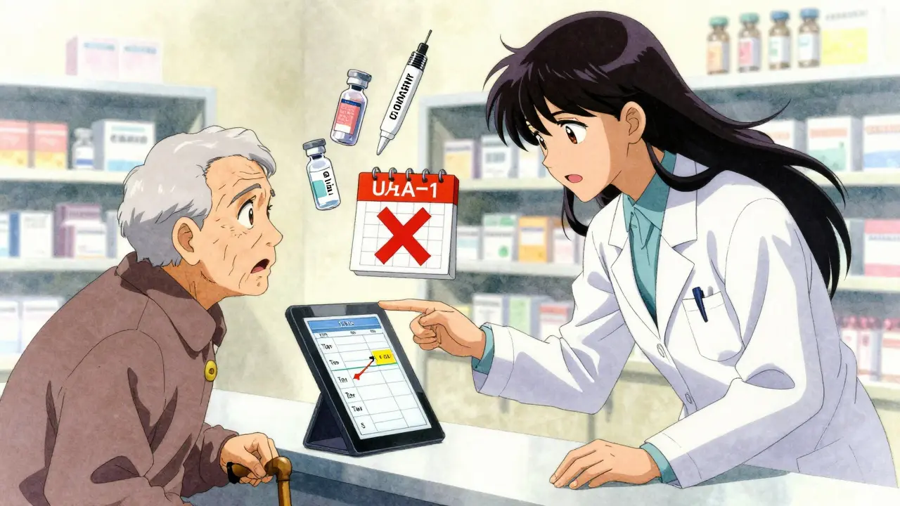 A pharmacist showing an elderly patient a formulary change from Tier 1 to Tier 5, with worried expressions.