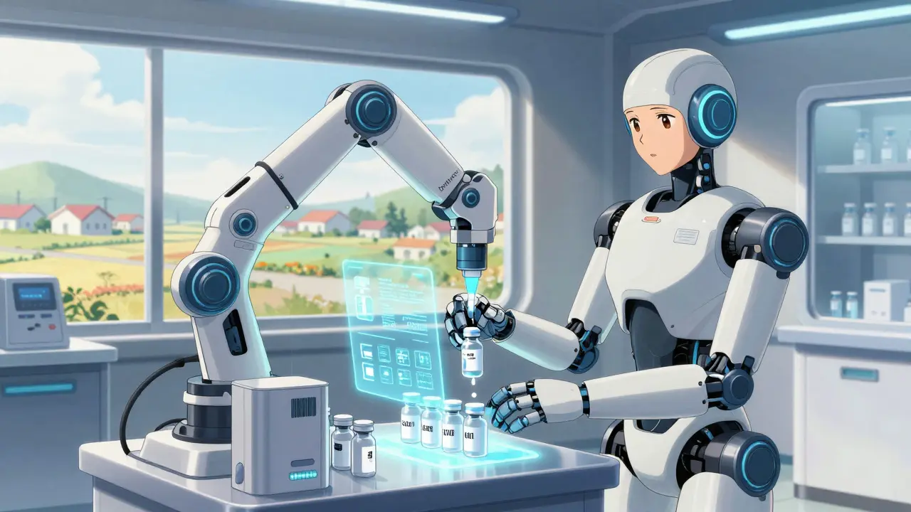 A robotic system sorts temperature-controlled medication vials with holographic health data in a high-tech pharmacy.