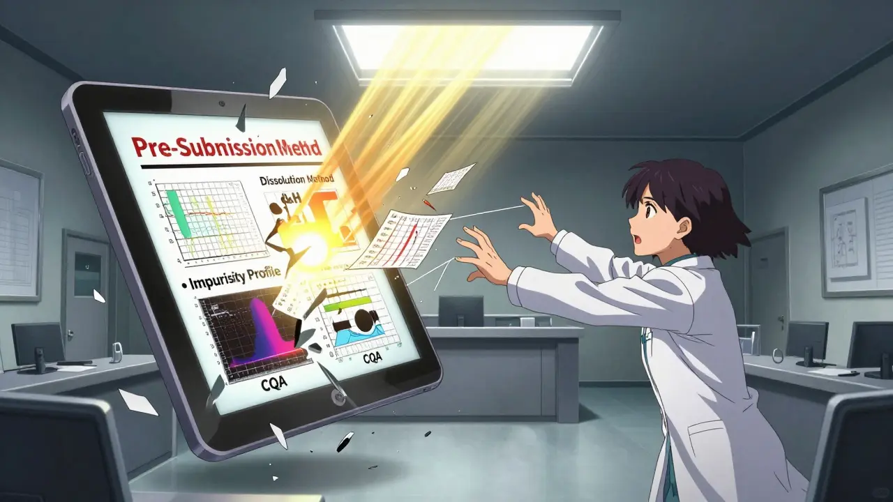 A scientist reaching for evidence threads in a dramatic FDA review chamber as a tablet breaks into key compliance components.