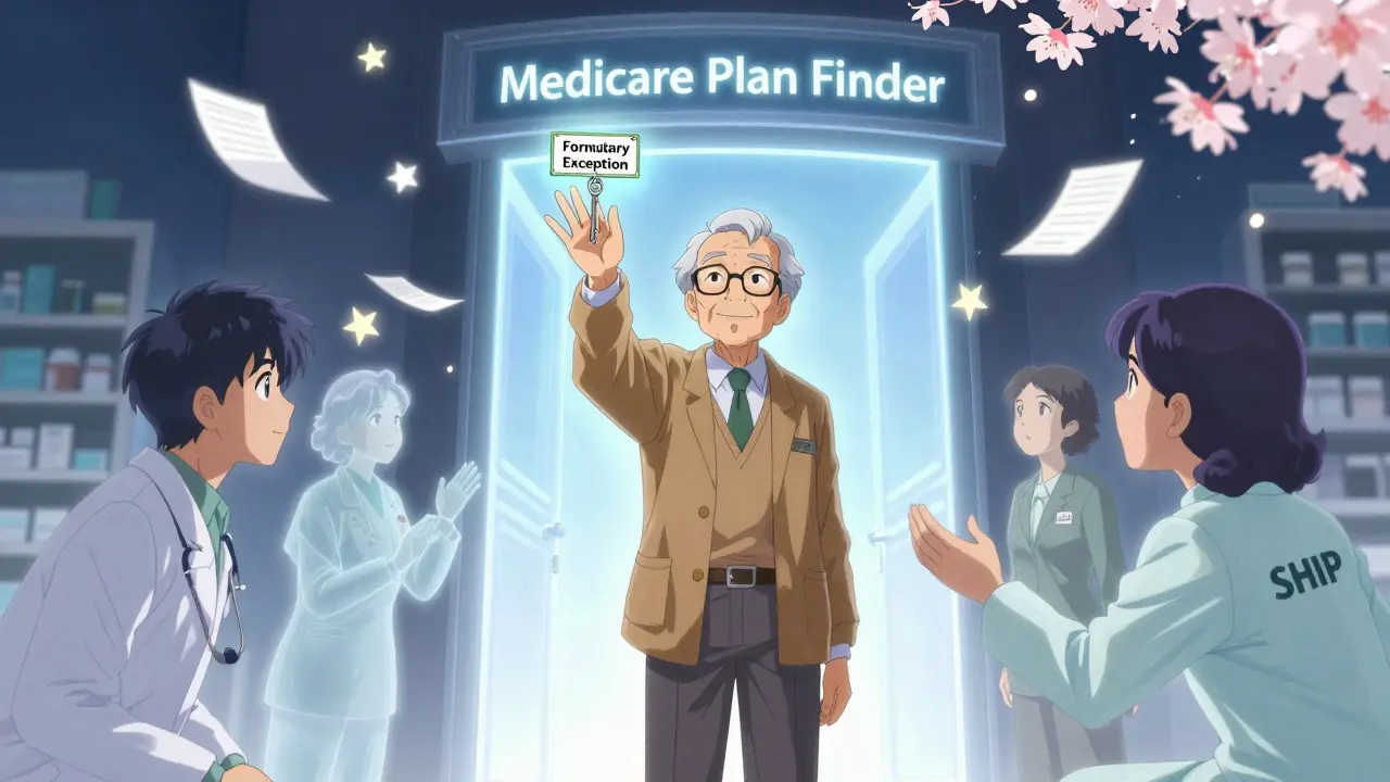 A senior reaching for a formulary exception key as medical supporters guide them through Medicare options.