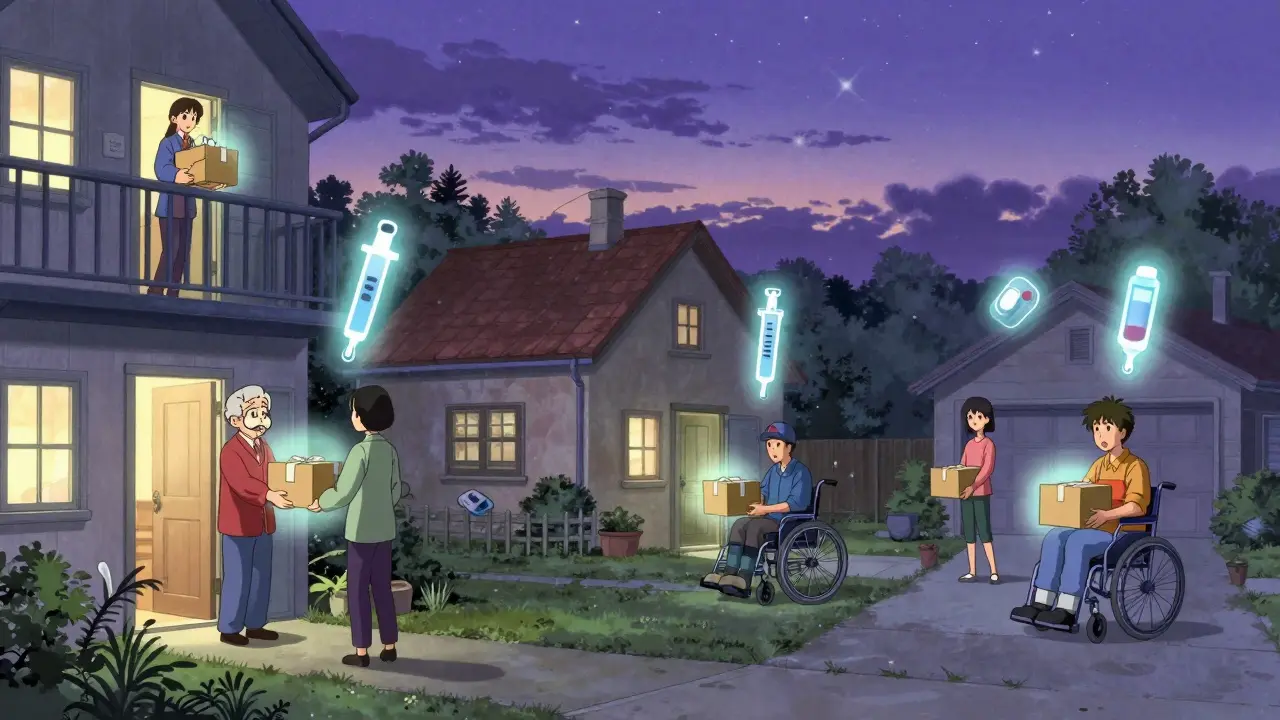 Diverse individuals receive mail-order medication deliveries at home, with floating pill icons symbolizing health support.