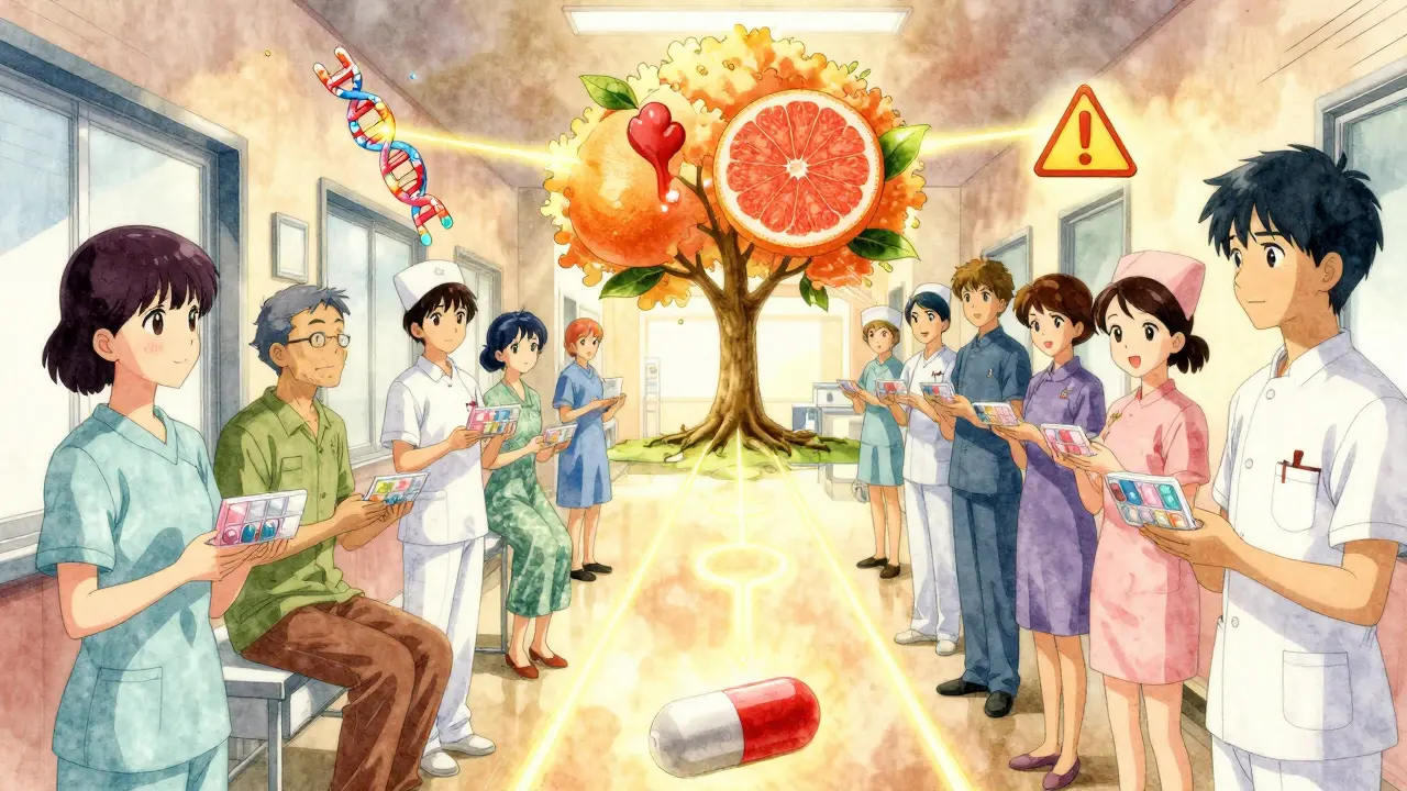 Diverse patients connected by glowing pathways to a tree symbolizing adherence, with floating medical icons.