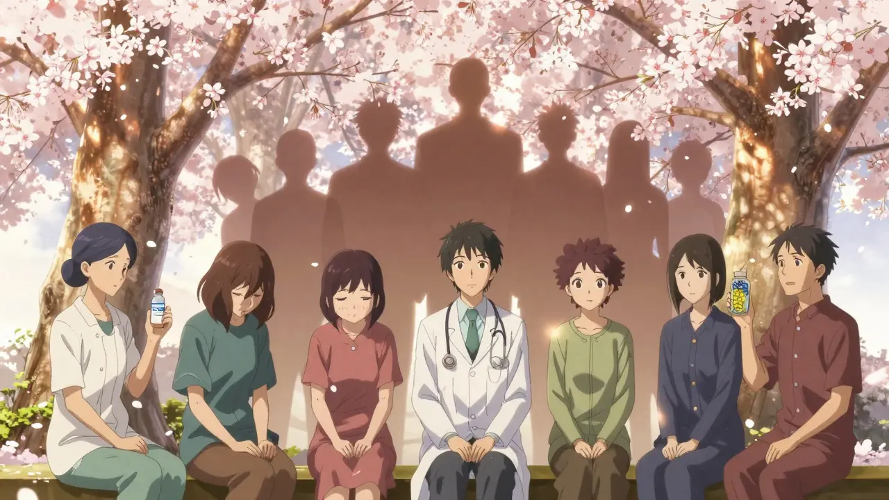 Diverse patients under cherry blossoms, shadows transforming from breathless to radiant.