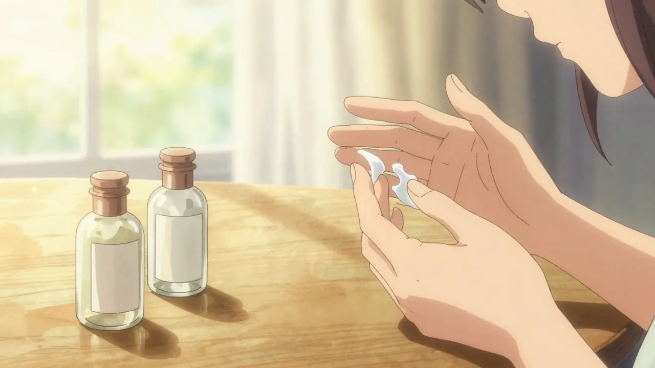 Hands applying cream to sensitive skin area calmly.