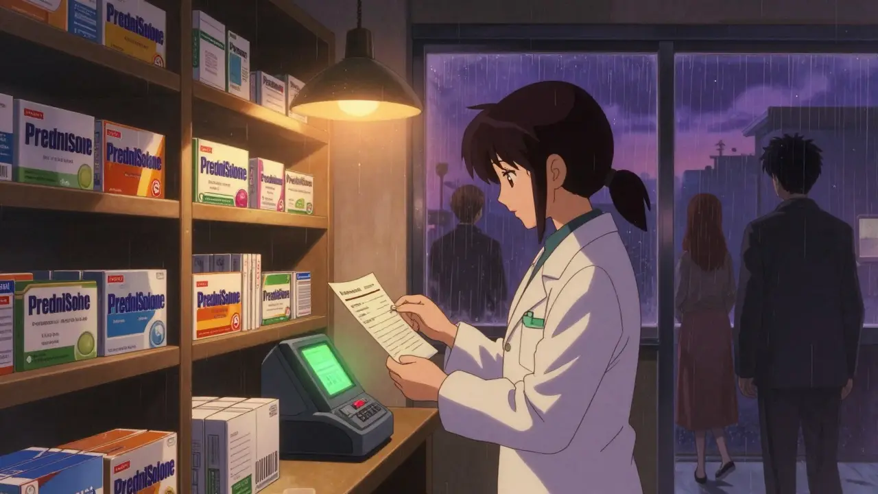 Lone pharmacist reviewing paper prescription under lamplight, surrounded by sound-alike drug labels in a quiet pharmacy at dusk.