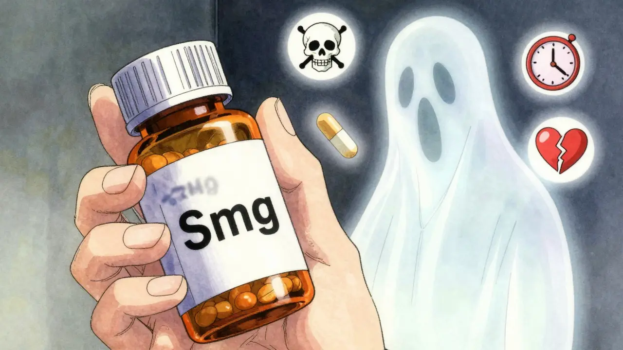 Patient holding a pill bottle with blurred label as ghostly warning symbols float beside it.