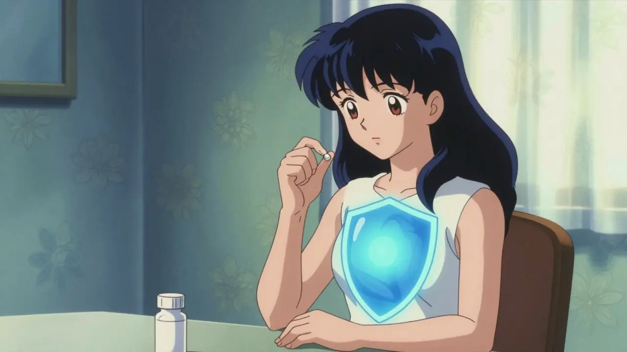 Patient taking medication with blue aura representing symptom relief and calm