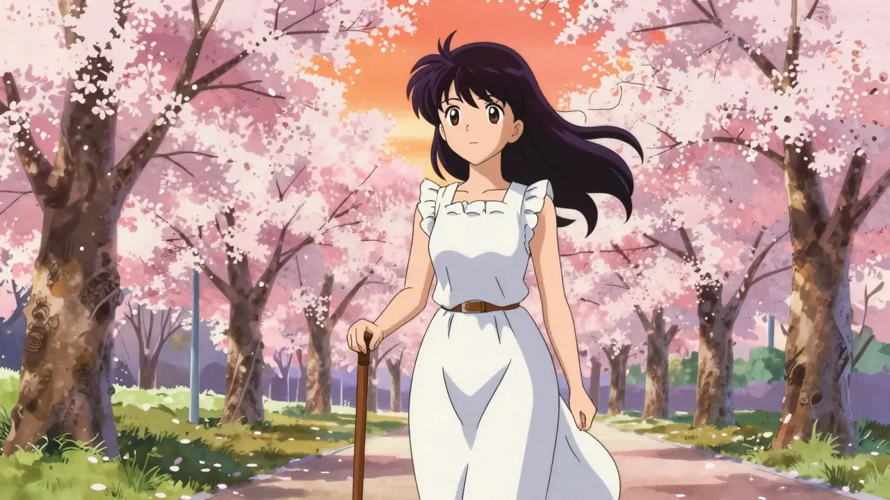 Patient walking outdoors in park during sunrise.