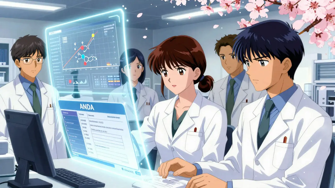 Scientists in a high-tech lab analyzing holographic drug data with soft pastel lighting.