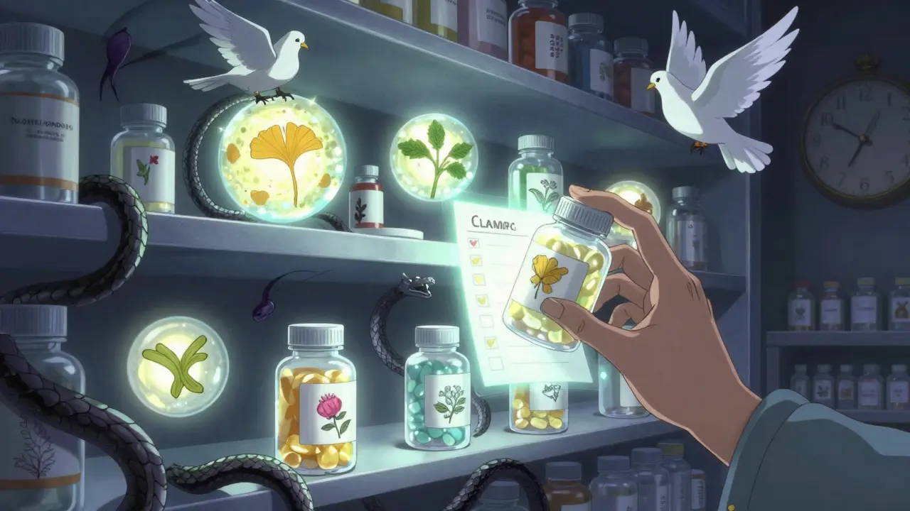 Supplement bottles float like magical orbs in a glowing pharmacy shelf, with danger and safety symbolized by serpents and doves.