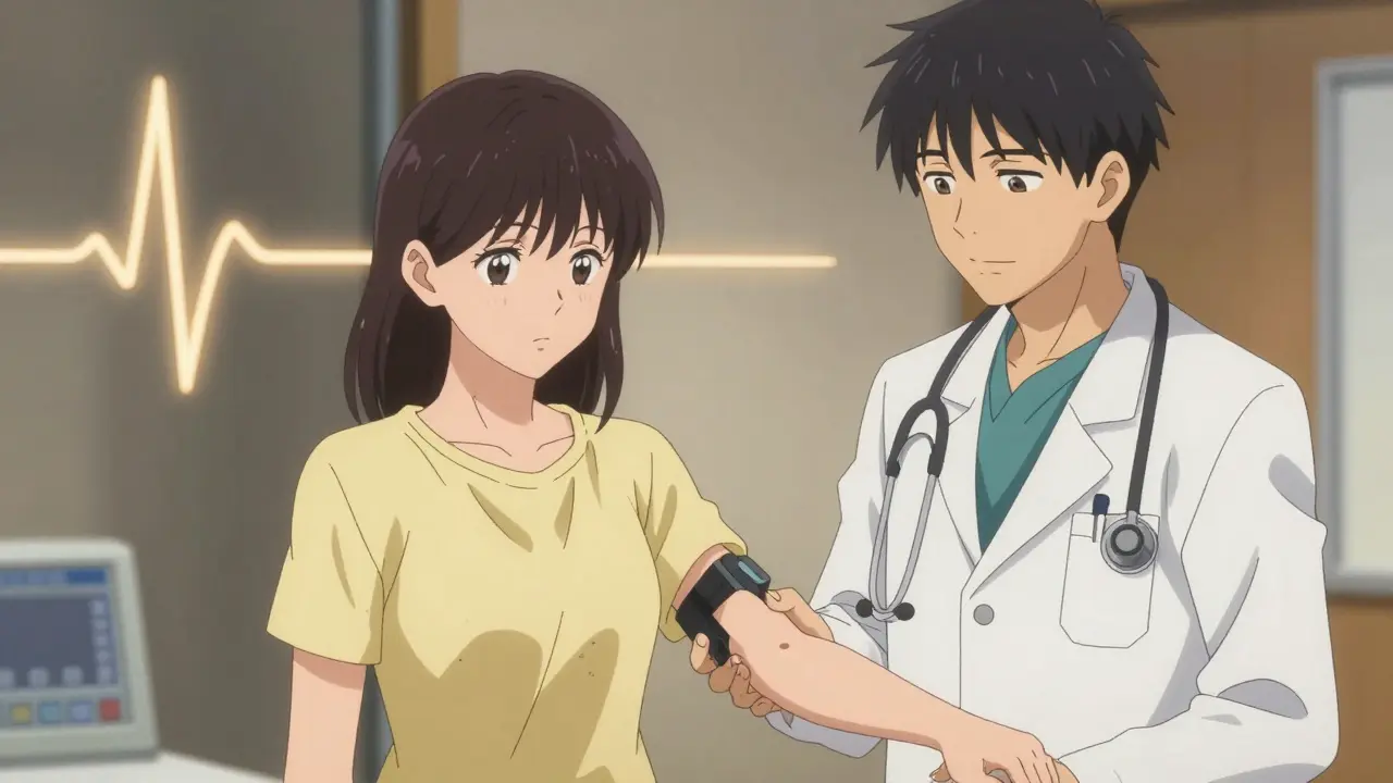 Woman checking pulse with doctor during recovery monitoring session