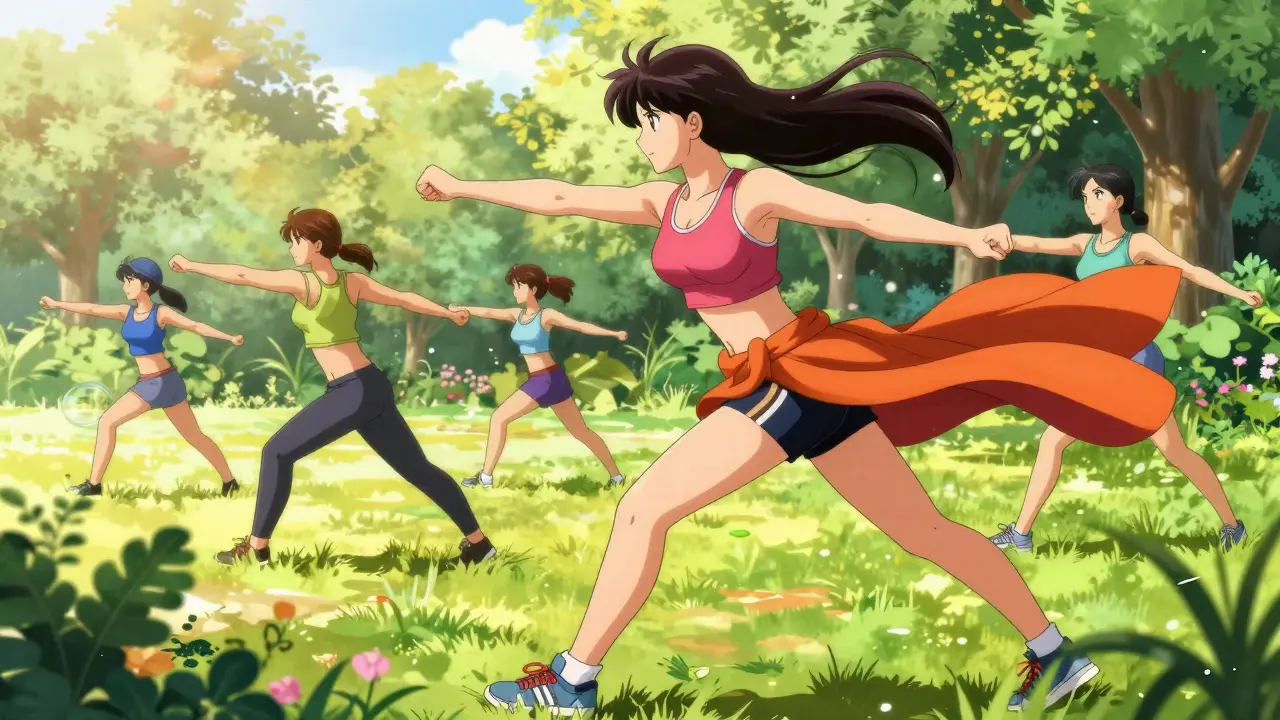 Woman exercising outdoors in sunny park with lush garden surroundings