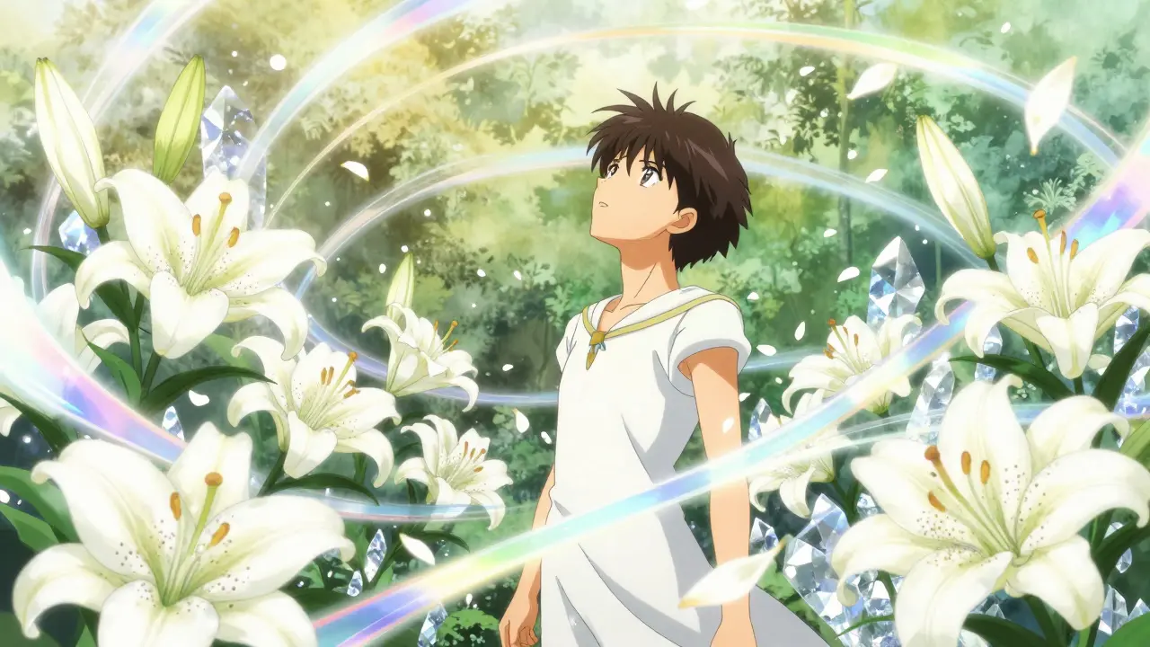 Anime character standing in a luminous garden of lilies, symbolizing recovery and hope.