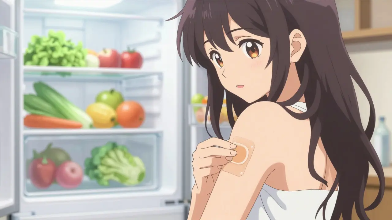 Anime style image of a person applying a medical patch with a background of fresh produce.