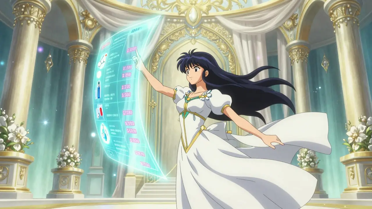Character using a glowing holographic interface to compare medication prices