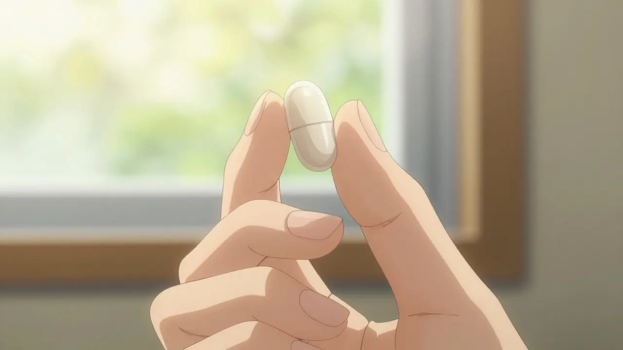 Close-up of a hand holding a medical capsule in a bright, hopeful anime style.