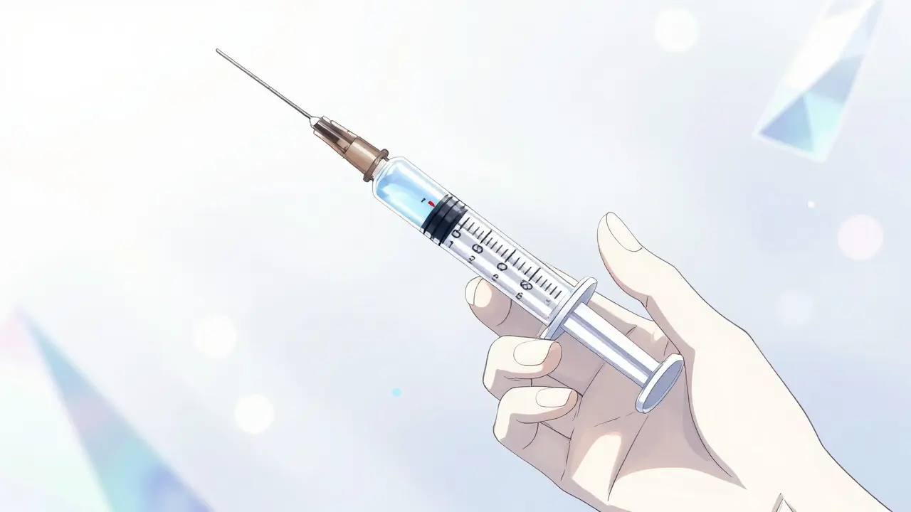 Close-up of a hand using an oral syringe to measure liquid medication in CLAMP anime style.