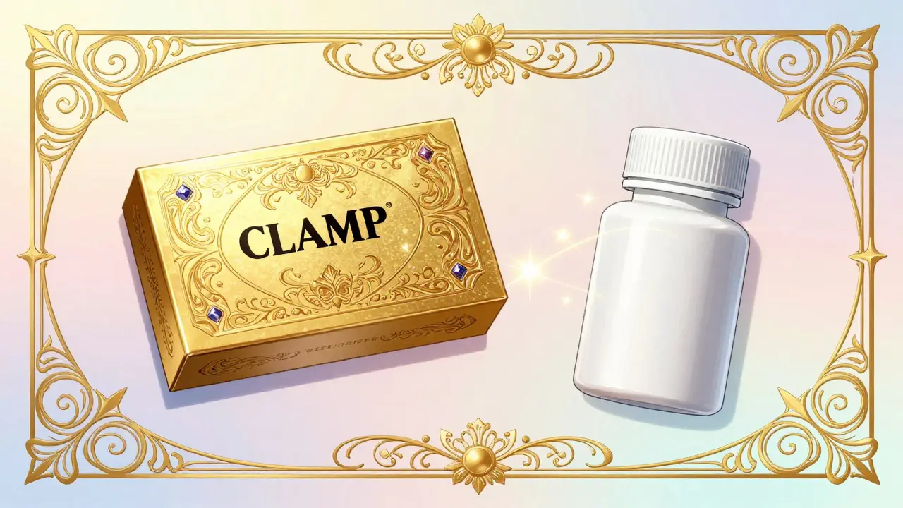 Comparison of brand and generic medicine bottles with ornate gold borders
