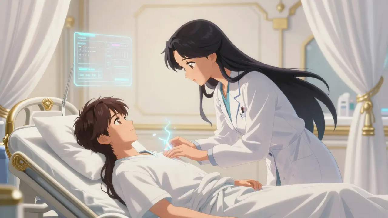 Compassionate caregiver monitoring a patient for muscle twitches in a serene, ornate room.