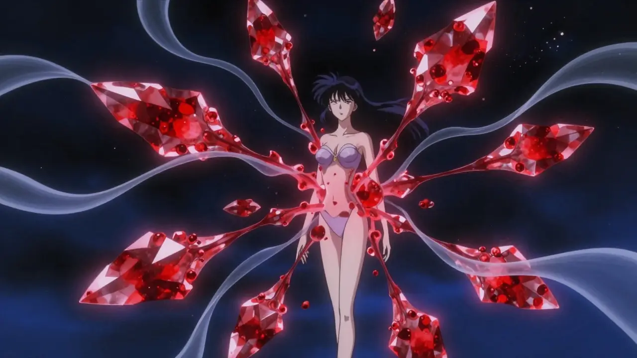 Conceptual anime art showing a person surrounded by glowing red tyramine crystals in a cosmic void.