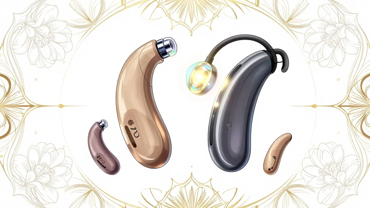 Different types of modern hearing aids floating with ornate gold decorations