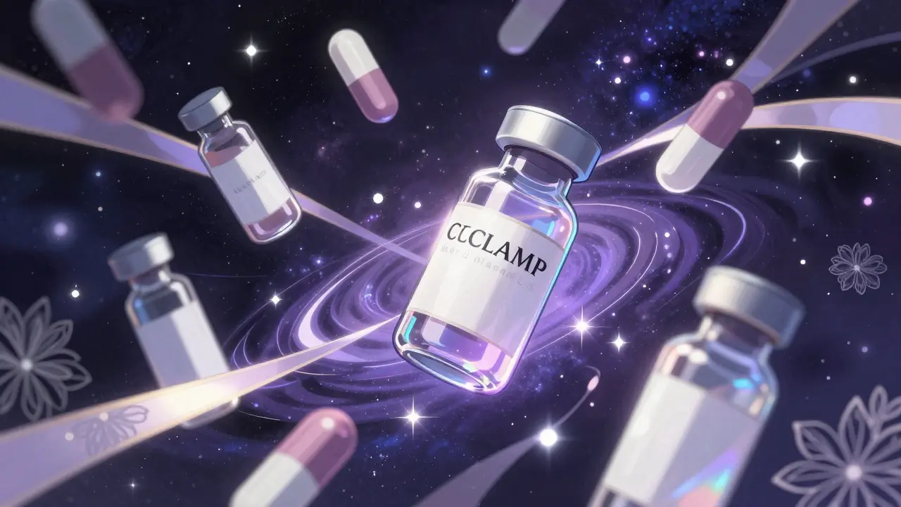 Floating medicine capsules and ribbons of light in a cosmic anime scene.