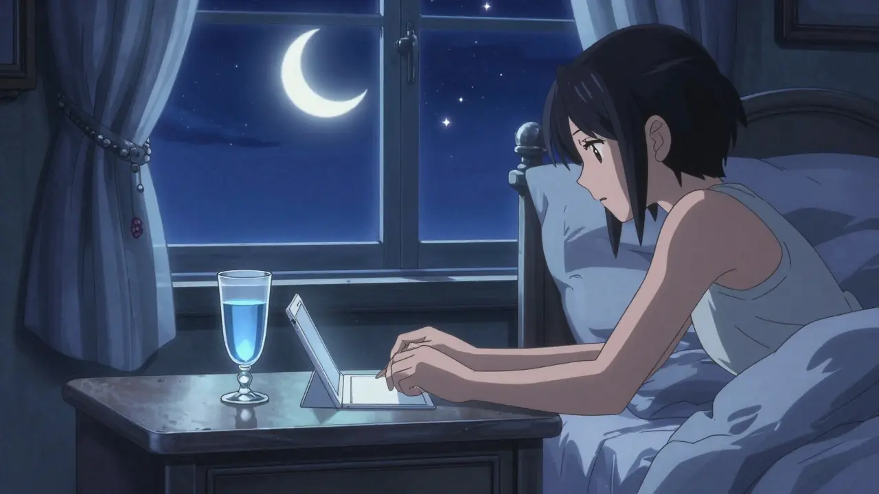 Person preparing a tablet and glass of water in a serene evening bedroom