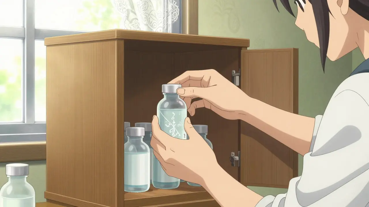 Person storing medication in a cool cabinet in a detailed manga setting