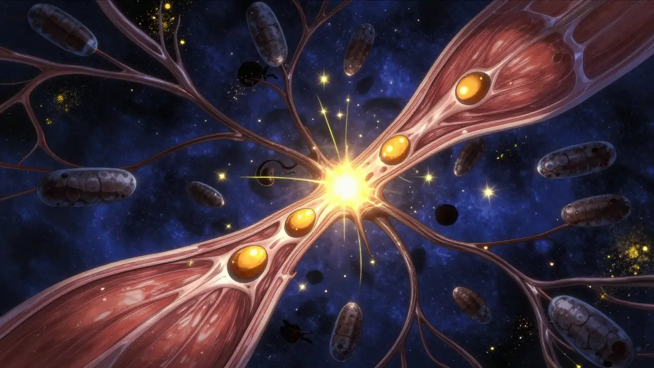 Stylized anime depiction of antibodies blocking receptors at a neuromuscular junction.