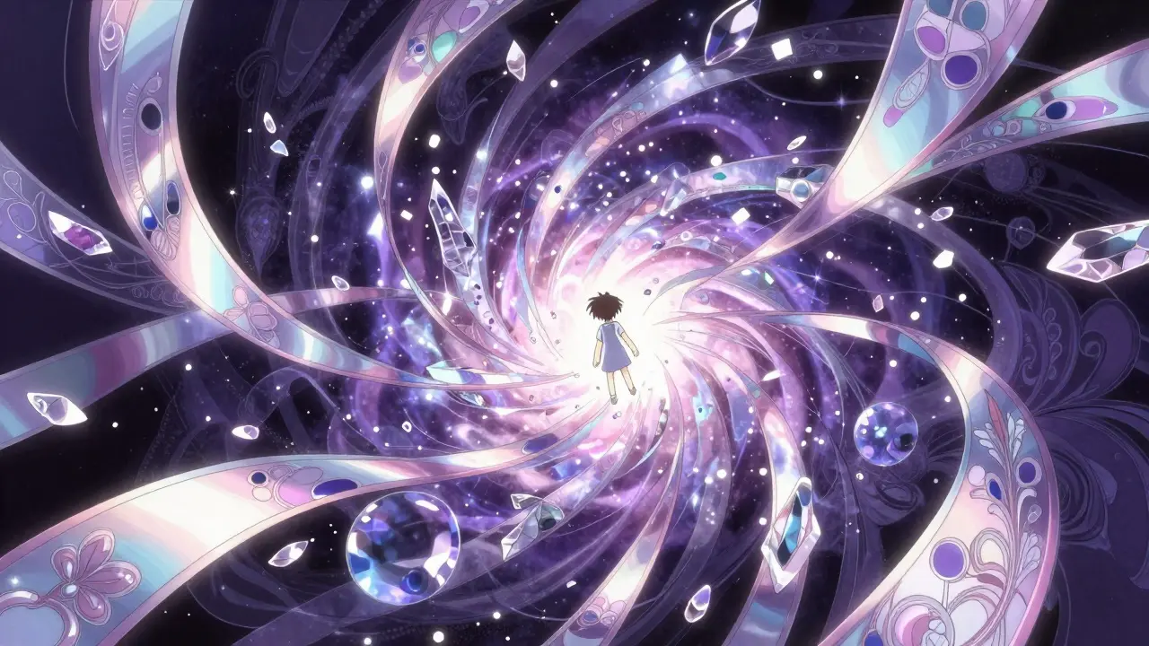 Stylized child surrounded by iridescent swirling chemical ribbons and crystals in CLAMP anime style.