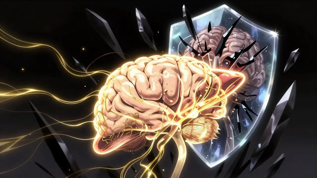 Stylized liver and brain with golden energy flows and dark shards representing toxins.