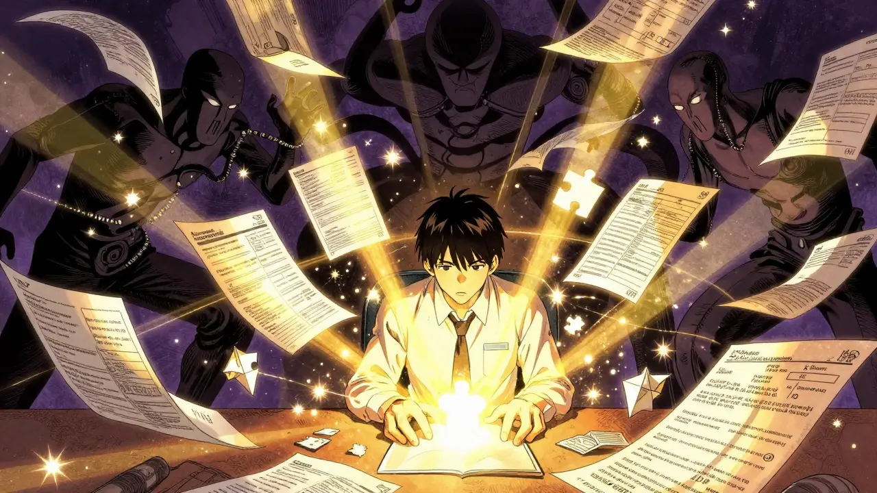 Anime character struggling with complex medical paperwork
