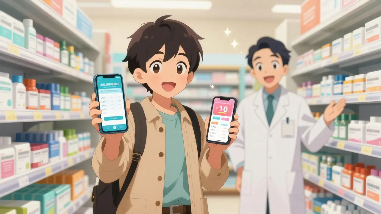 Anime character using a coupon app at a pharmacy to save money on medicine.