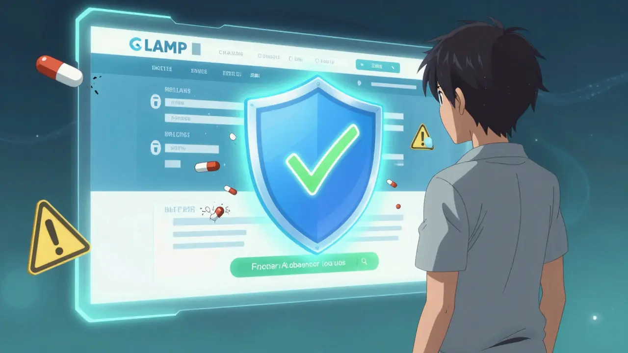 Anime character verifying safe online pharmacy with digital shield