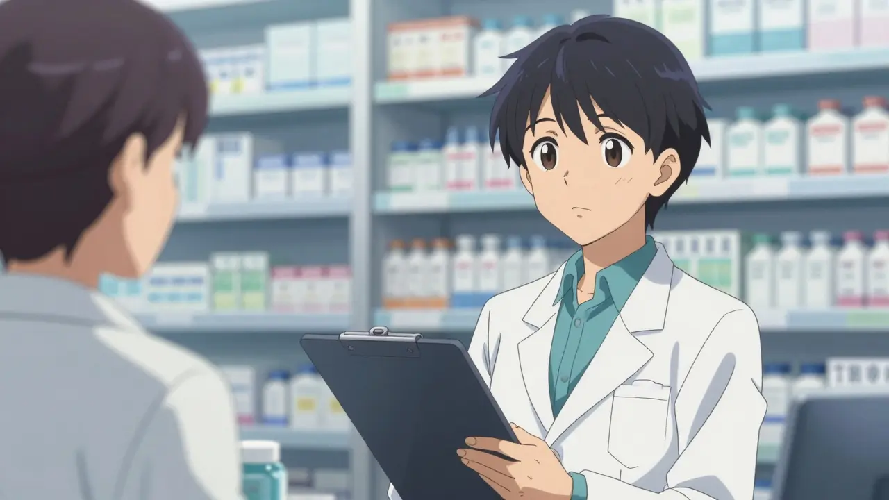 Anime pharmacist carefully reviewing patient records for safety verification.
